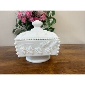 Vintage Westmoreland Paneled Grape Milk Glass Covered Candy Dish MCM Compote